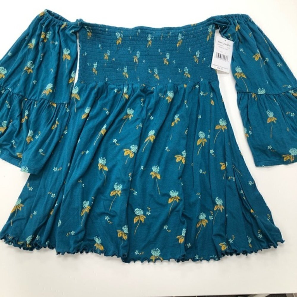 NWT Free People Blue Lana Off the Shoulder Smocked Babydoll Top Size Small S - Picture 3 of 8